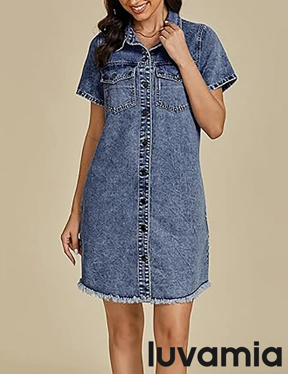 LUVAMIA Women's Midi Sundresses Crewneck short Sleeve Denim Casual Dress