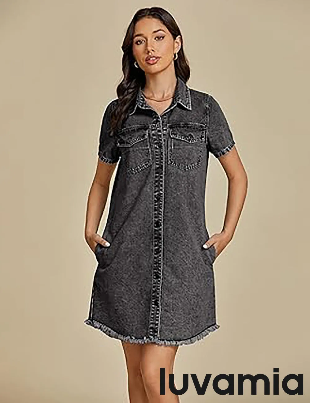 LUVAMIA Women's Midi Sundresses Crewneck short Sleeve Denim Casual Dress