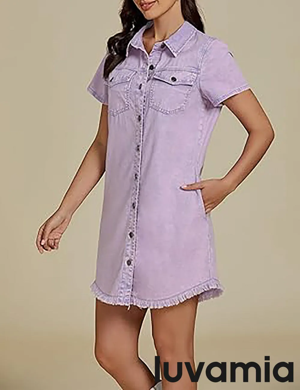LUVAMIA Women's Midi Sundresses Crewneck short Sleeve Denim Casual Dress