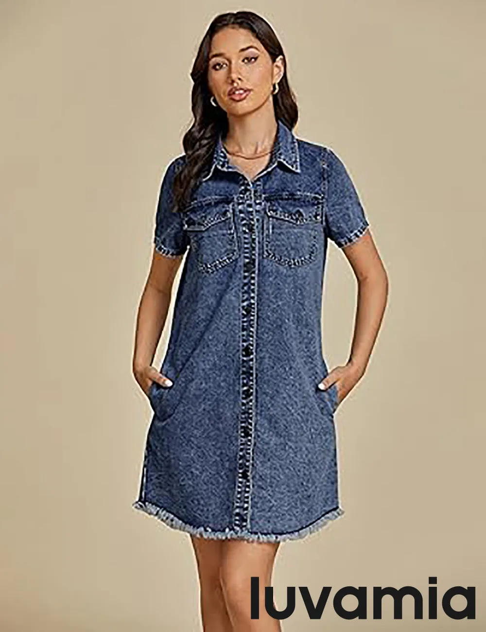 LUVAMIA Women's Midi Sundresses Crewneck short Sleeve Denim Casual Dress