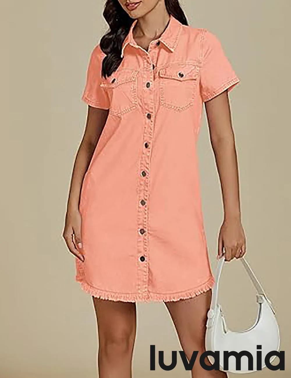 LUVAMIA Women's Midi Sundresses Crewneck short Sleeve Denim Casual Dress