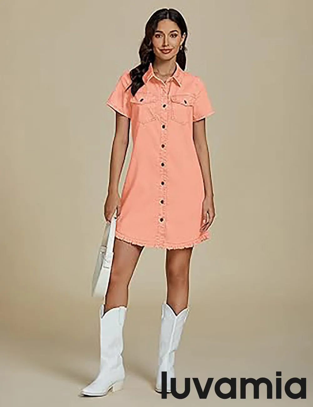 LUVAMIA Women's Midi Sundresses Crewneck short Sleeve Denim Casual Dress