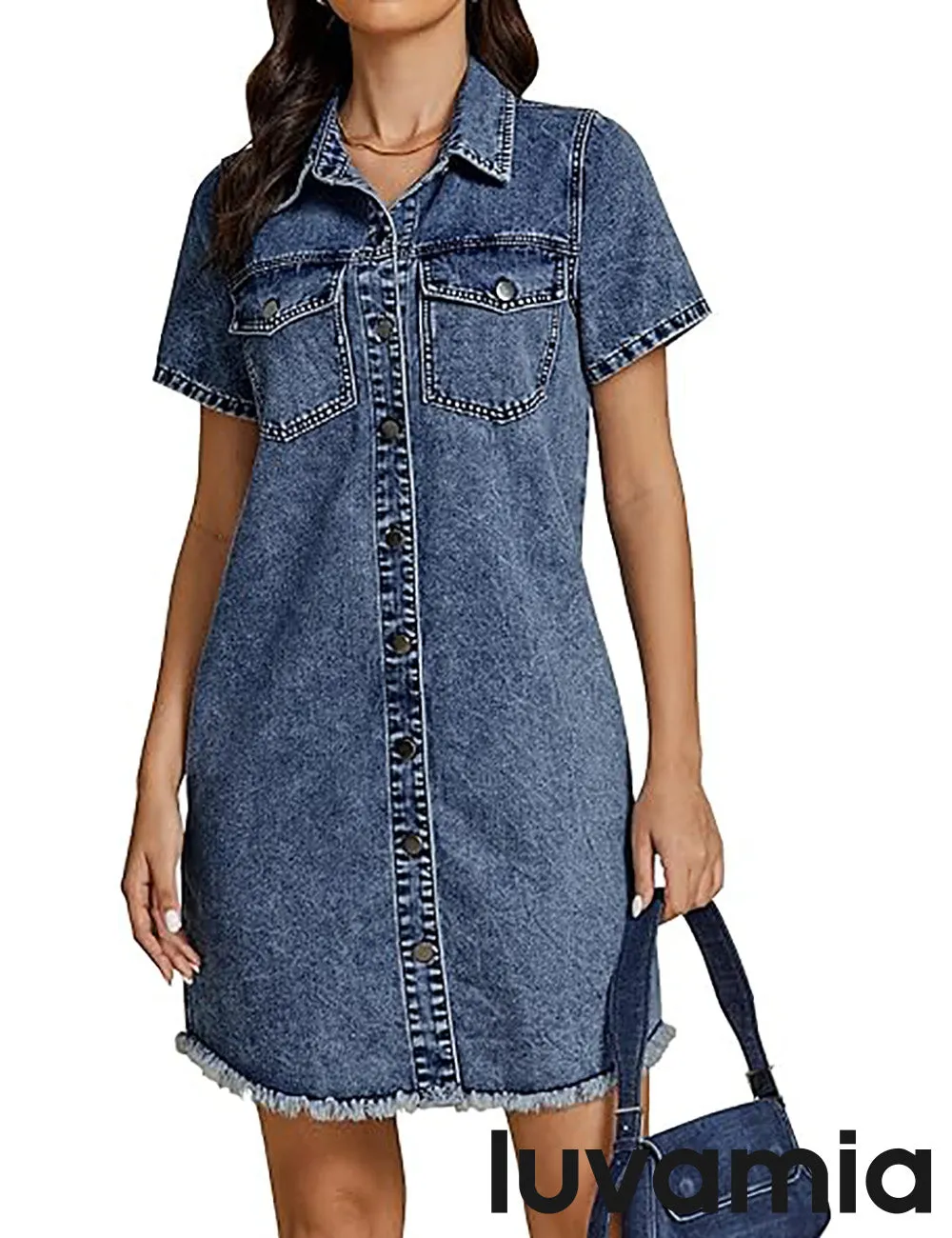 LUVAMIA Women's Midi Sundresses Crewneck short Sleeve Denim Casual Dress