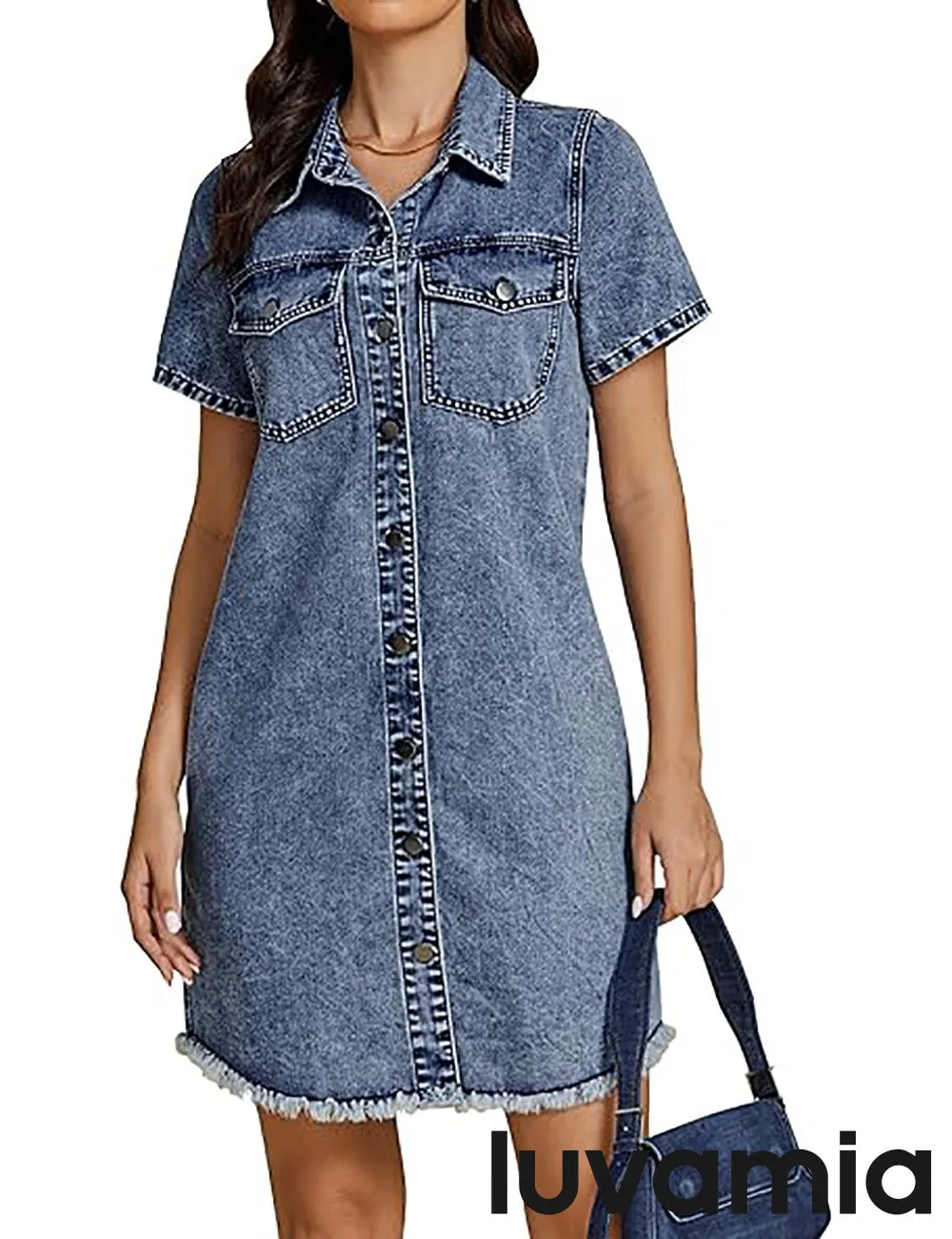 LUVAMIA Women's Midi Sundresses Crewneck short Sleeve Denim Casual Dress