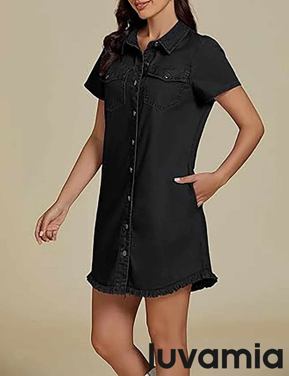 LUVAMIA Women's Midi Sundresses Crewneck short Sleeve Denim Casual Dress