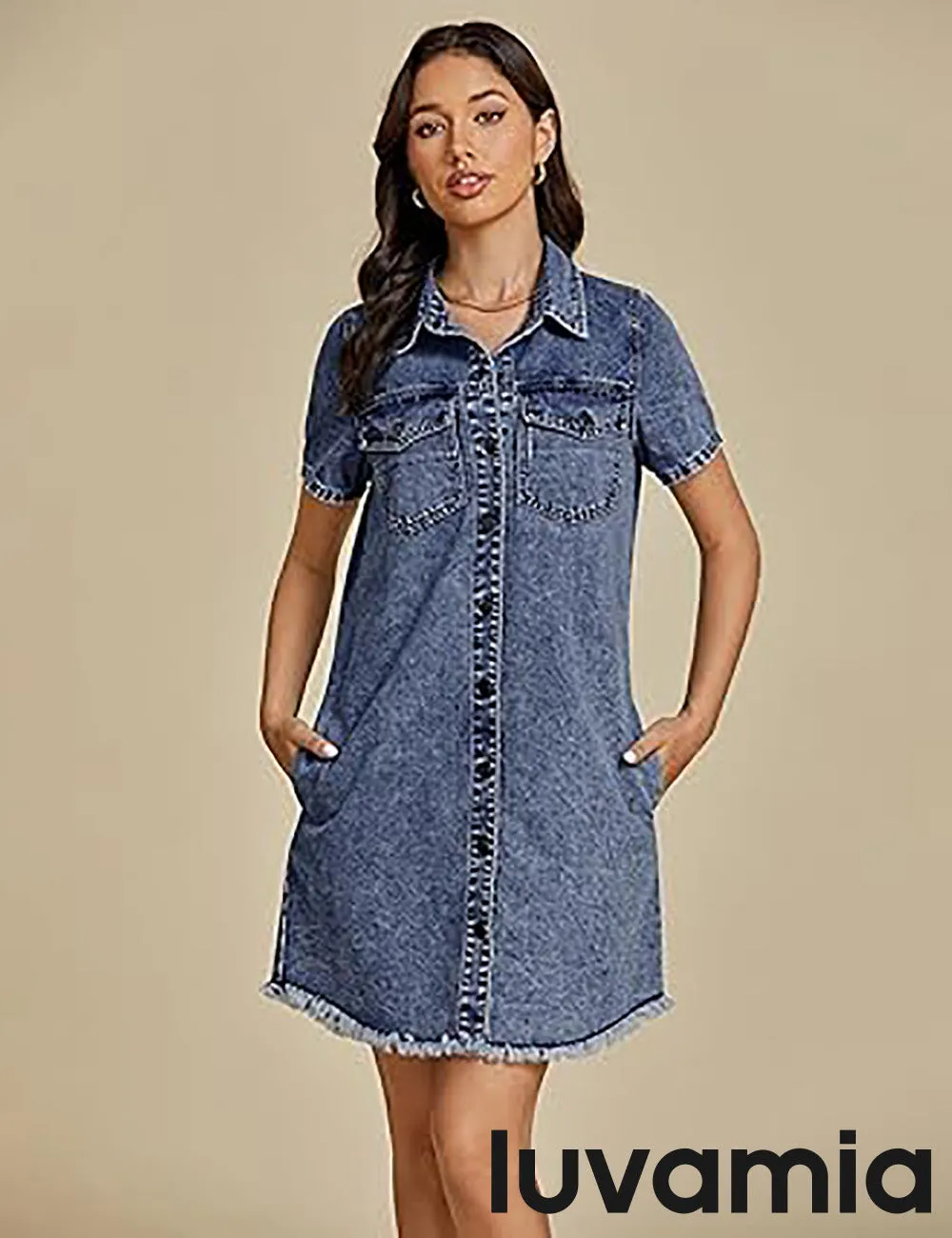 LUVAMIA Women's Midi Sundresses Crewneck short Sleeve Denim Casual Dress