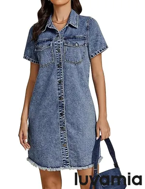 LUVAMIA Women's Midi Sundresses Crewneck short Sleeve Denim Casual Dress
