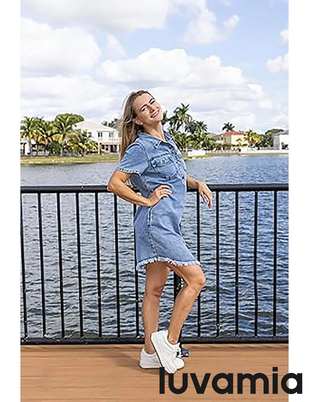 LUVAMIA Women's Midi Sundresses Crewneck short Sleeve Denim Casual Dress