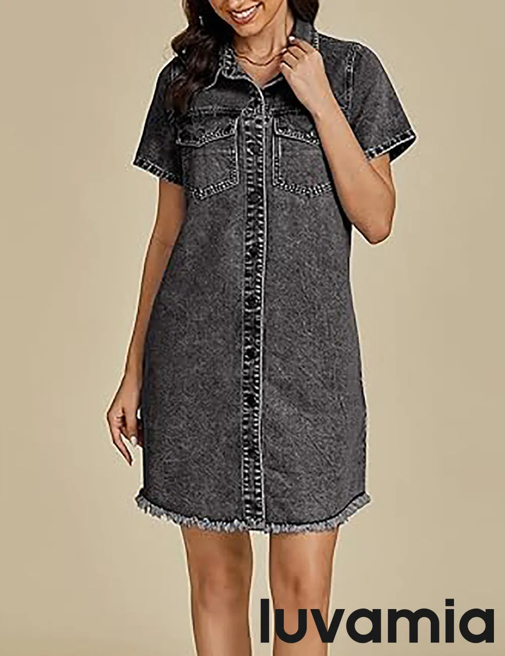 LUVAMIA Women's Midi Sundresses Crewneck short Sleeve Denim Casual Dress