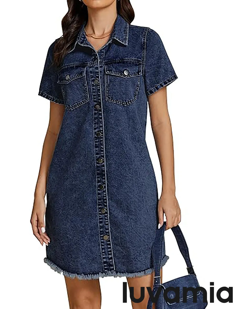LUVAMIA Women's Midi Sundresses Crewneck short Sleeve Denim Casual Dress