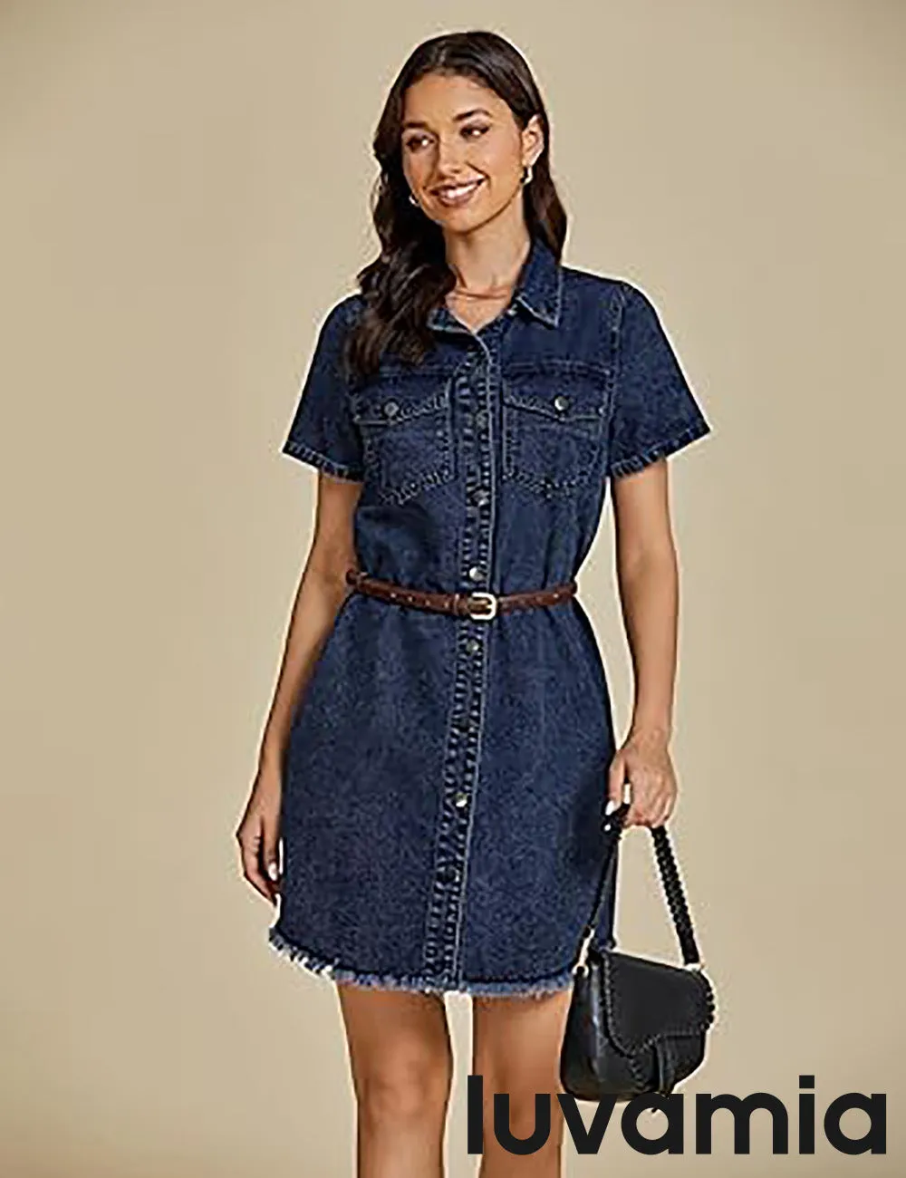 LUVAMIA Women's Midi Sundresses Crewneck short Sleeve Denim Casual Dress