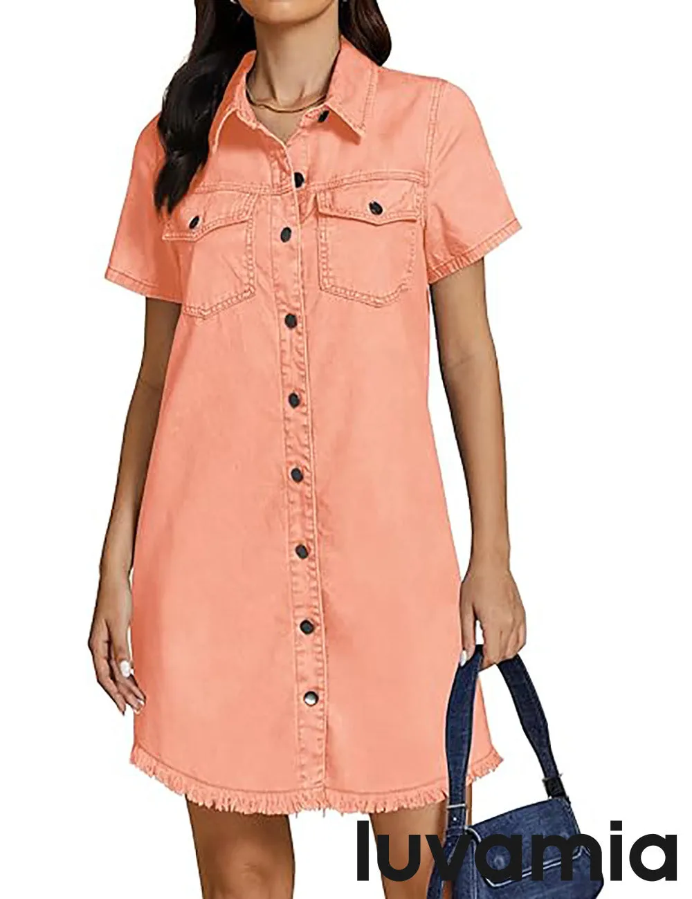 LUVAMIA Women's Midi Sundresses Crewneck short Sleeve Denim Casual Dress