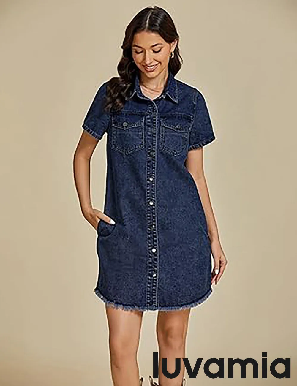 LUVAMIA Women's Midi Sundresses Crewneck short Sleeve Denim Casual Dress