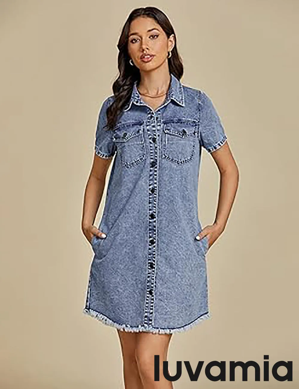 LUVAMIA Women's Midi Sundresses Crewneck short Sleeve Denim Casual Dress