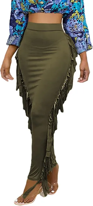 LYANER Women's Fringed Side Tassels Elastic Waist Slim Bodycon Pencil Maxi Skirts