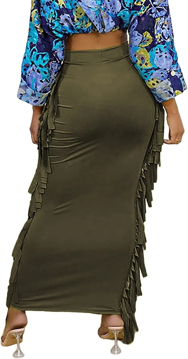 LYANER Women's Fringed Side Tassels Elastic Waist Slim Bodycon Pencil Maxi Skirts