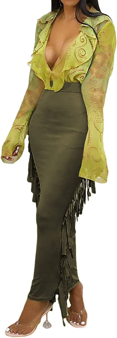 LYANER Women's Fringed Side Tassels Elastic Waist Slim Bodycon Pencil Maxi Skirts