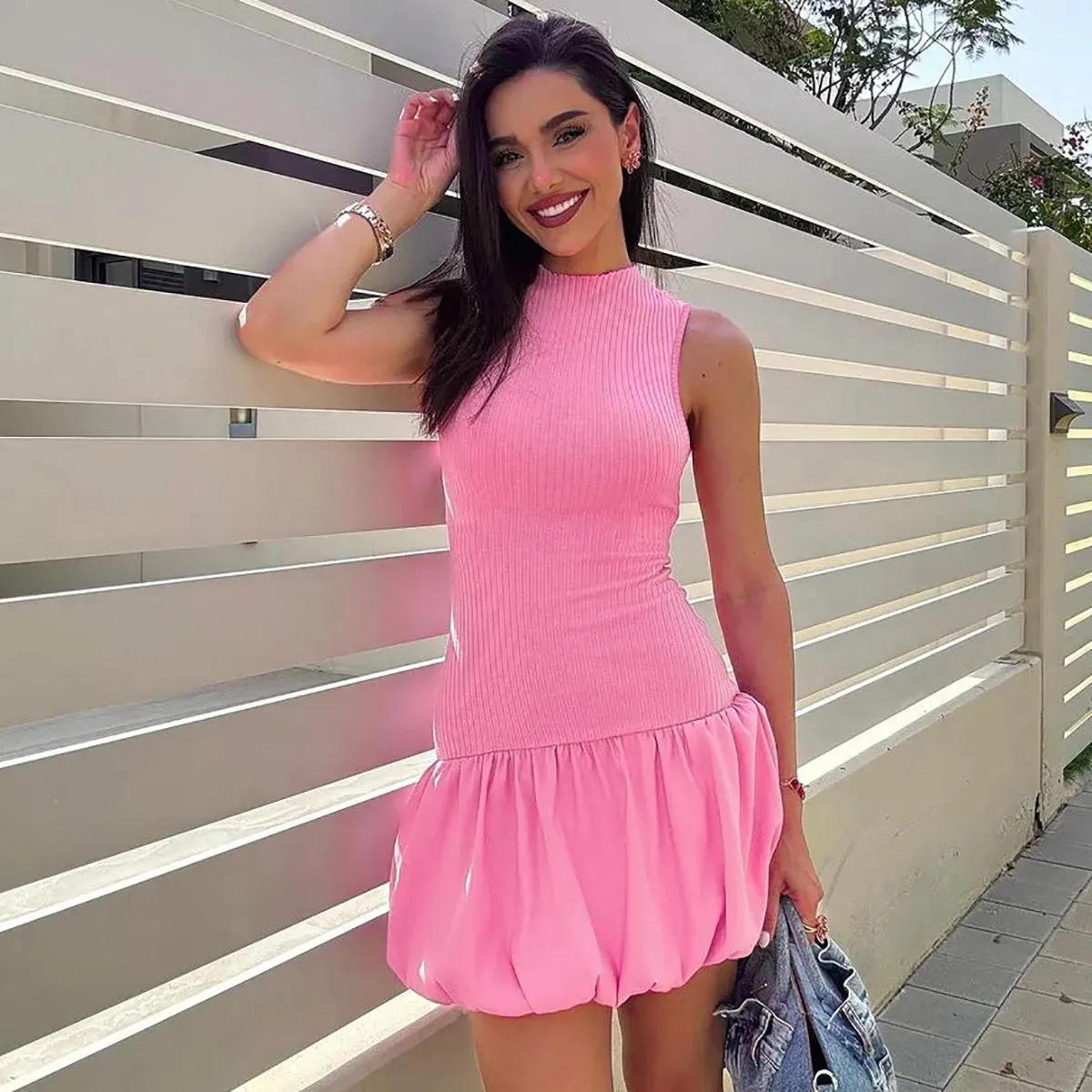 Lygens Elegant Knitting Sleeveless Backless Bubble Dress