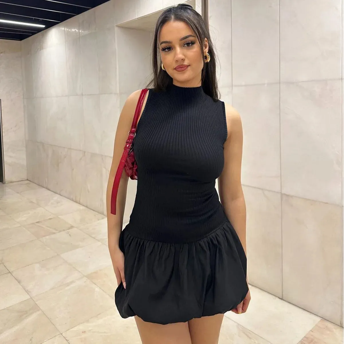 Lygens Elegant Knitting Sleeveless Backless Bubble Dress