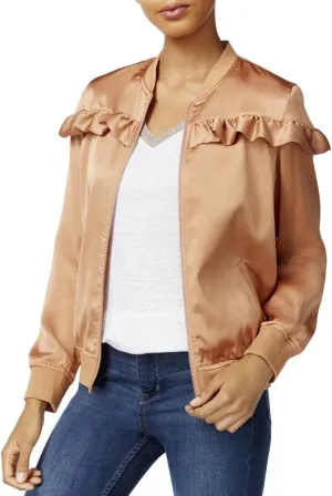 Maison Jules Womens Satin Ruffled Bomber Jacket Orange L