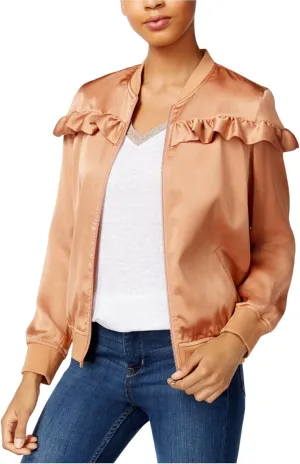 Maison Jules Womens Satin Ruffled Bomber Jacket Orange S