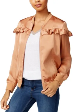 Maison Jules Womens Satin Ruffled Bomber Jacket Orange XS