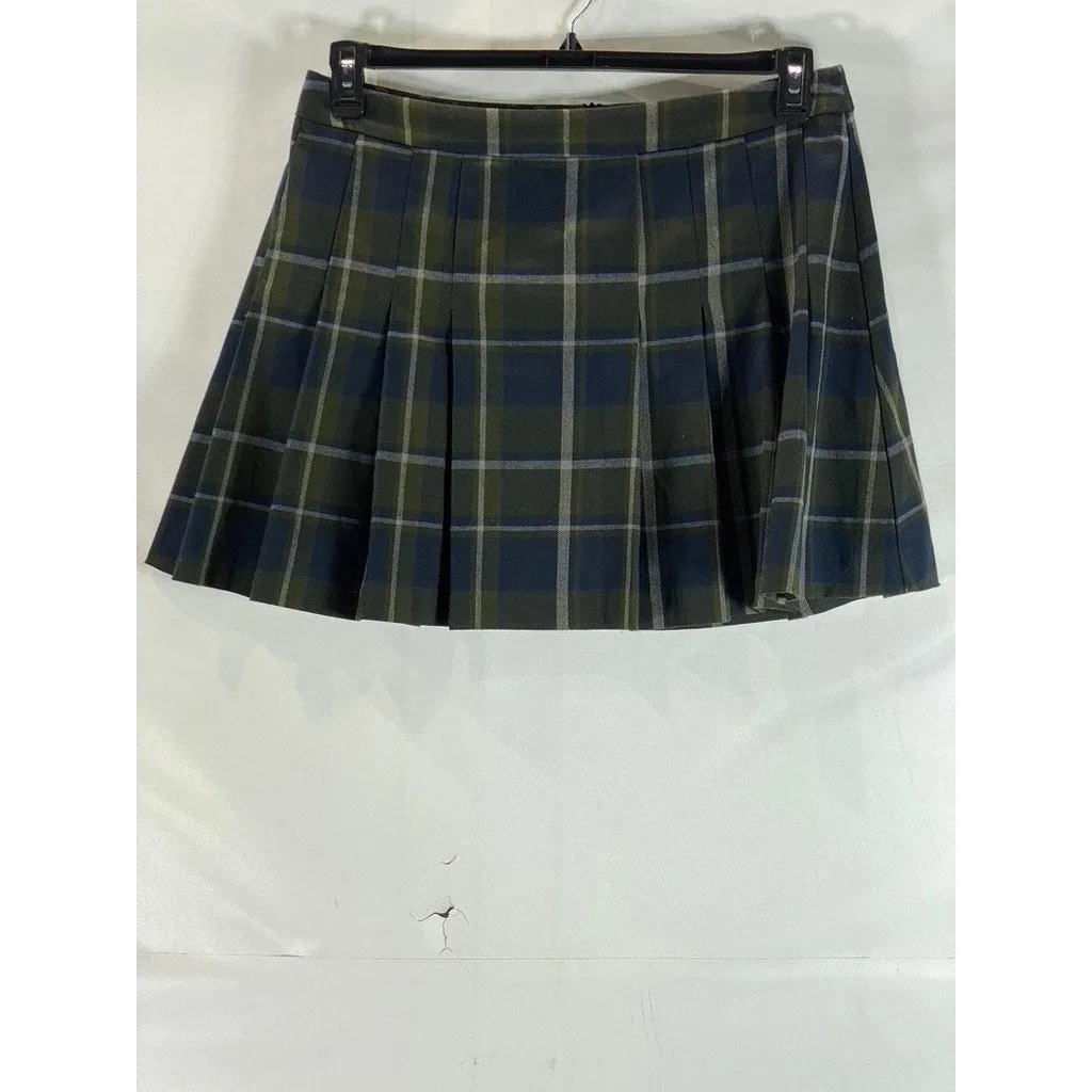 MANGO MNG Women's Green/Navy Check Grunge Pleated Mini Skirt SZ 2XL