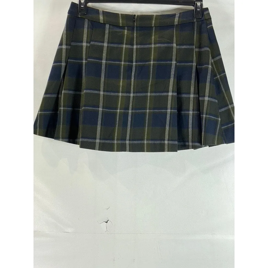 MANGO MNG Women's Green/Navy Check Grunge Pleated Mini Skirt SZ 2XL