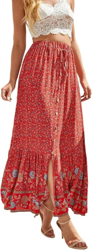 MARZXIN Long Skirt for Women Linen Printed Skirt with Button Closure and High Slit