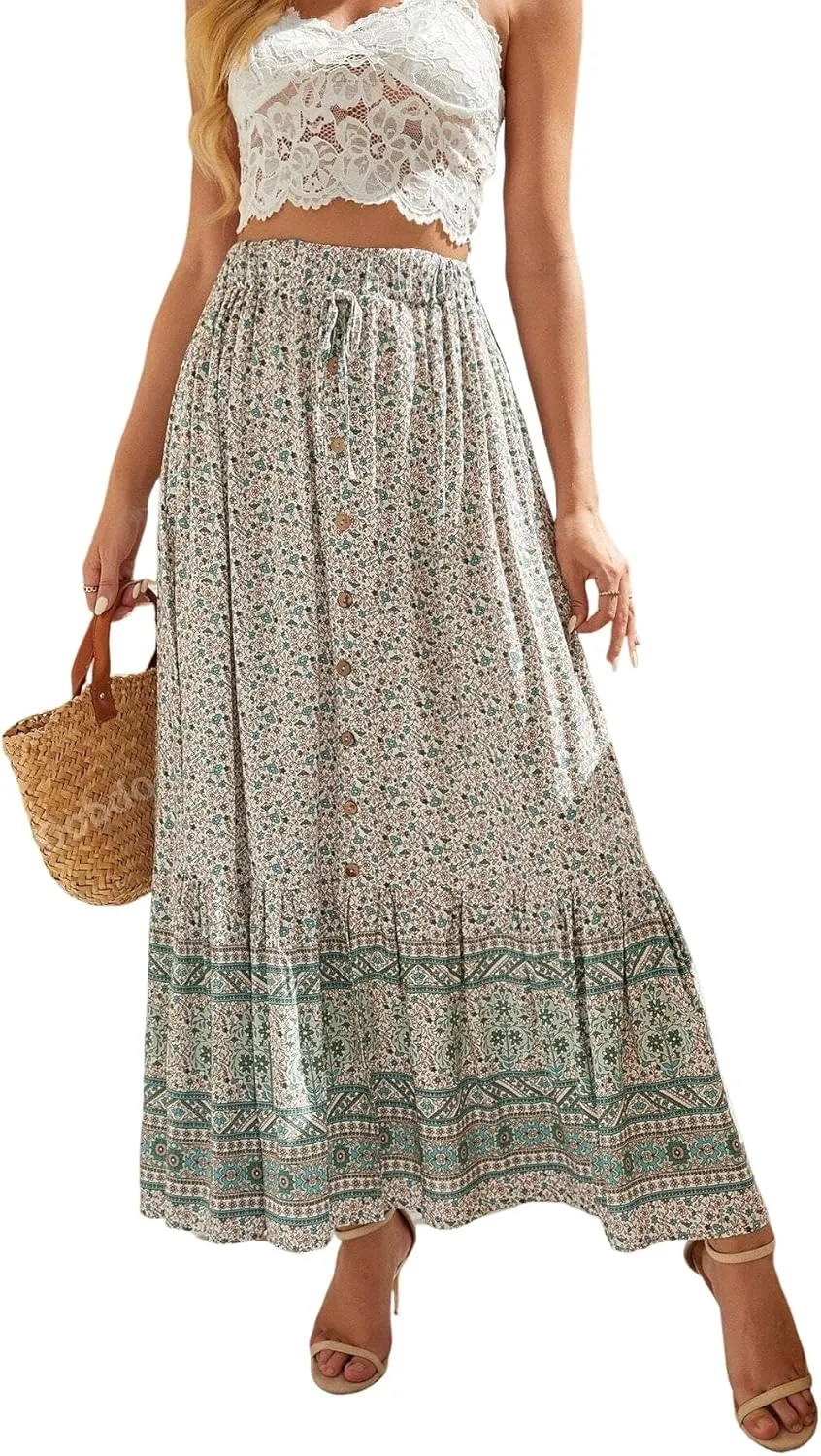 MARZXIN Long Skirt for Women Linen Printed Skirt with Button Closure and High Slit
