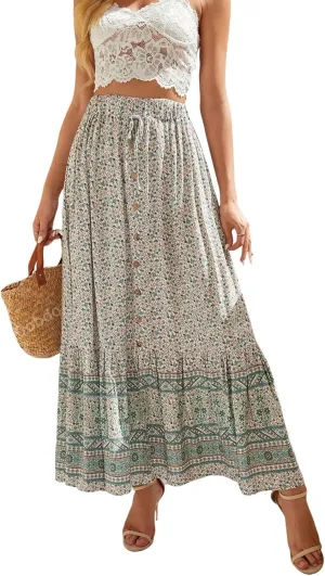 MARZXIN Long Skirt for Women Linen Printed Skirt with Button Closure and High Slit