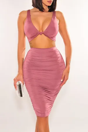 Mauve Silky Knotted Sleeveless Ruched Skirt Two Piece Set