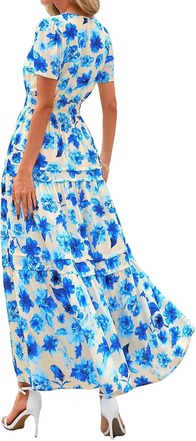 Maxi Dresses for Women V Neck Boho Dress Ruffle Dresses High Waist Floral Tiered Sundress Summer Beach Vacation Dress