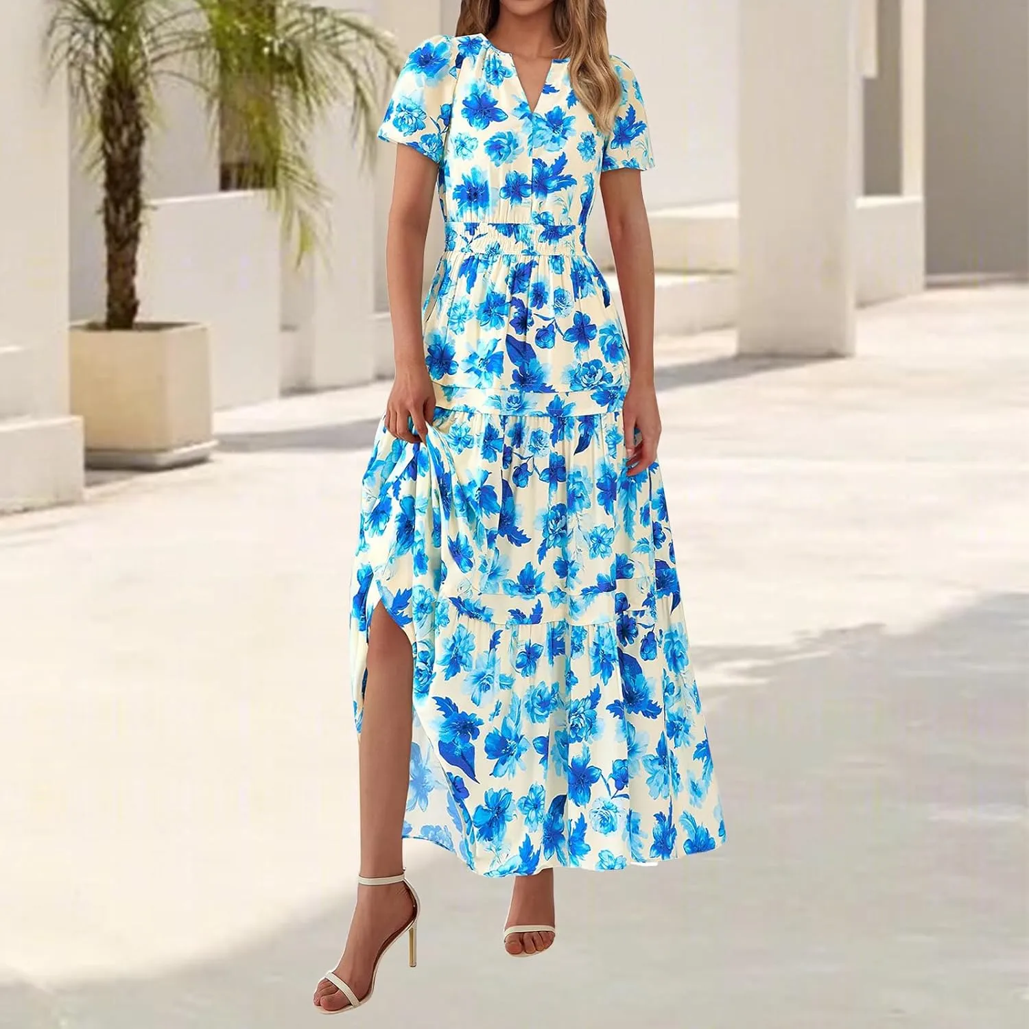 Maxi Dresses for Women V Neck Boho Dress Ruffle Dresses High Waist Floral Tiered Sundress Summer Beach Vacation Dress