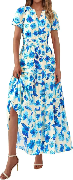Maxi Dresses for Women V Neck Boho Dress Ruffle Dresses High Waist Floral Tiered Sundress Summer Beach Vacation Dress