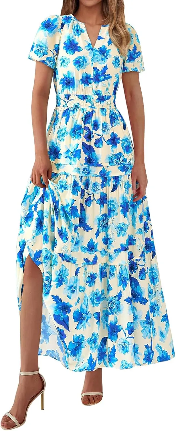 Maxi Dresses for Women V Neck Boho Dress Ruffle Dresses High Waist Floral Tiered Sundress Summer Beach Vacation Dress