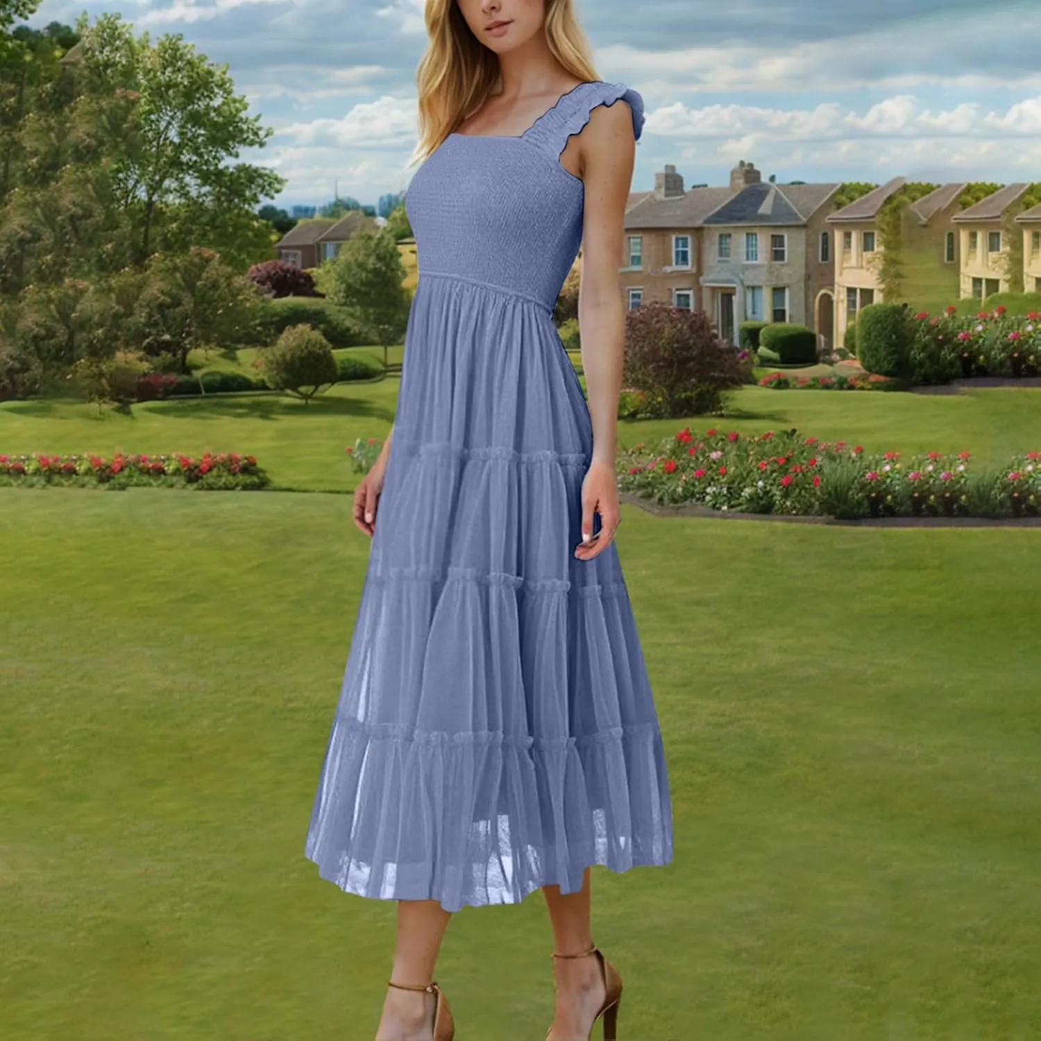 Maxi Tulle Sundress for Women Sleeveless Smocked Tiered Boho Dresses High Waisted Ruffle Strap Flowy Long Dress
