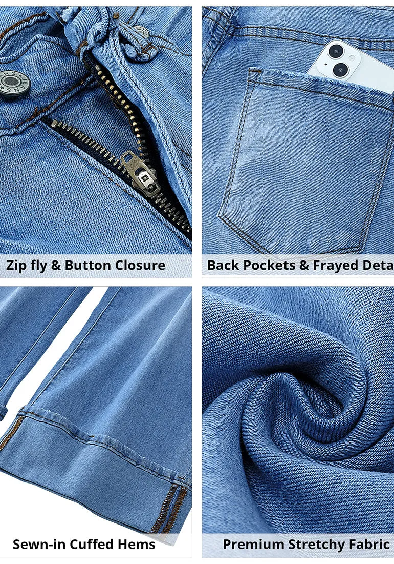 Medium Blue Women's High Waisted Wide Leg Denim Jeans Cuffed Hem Baggy Pockets Capri Pants
