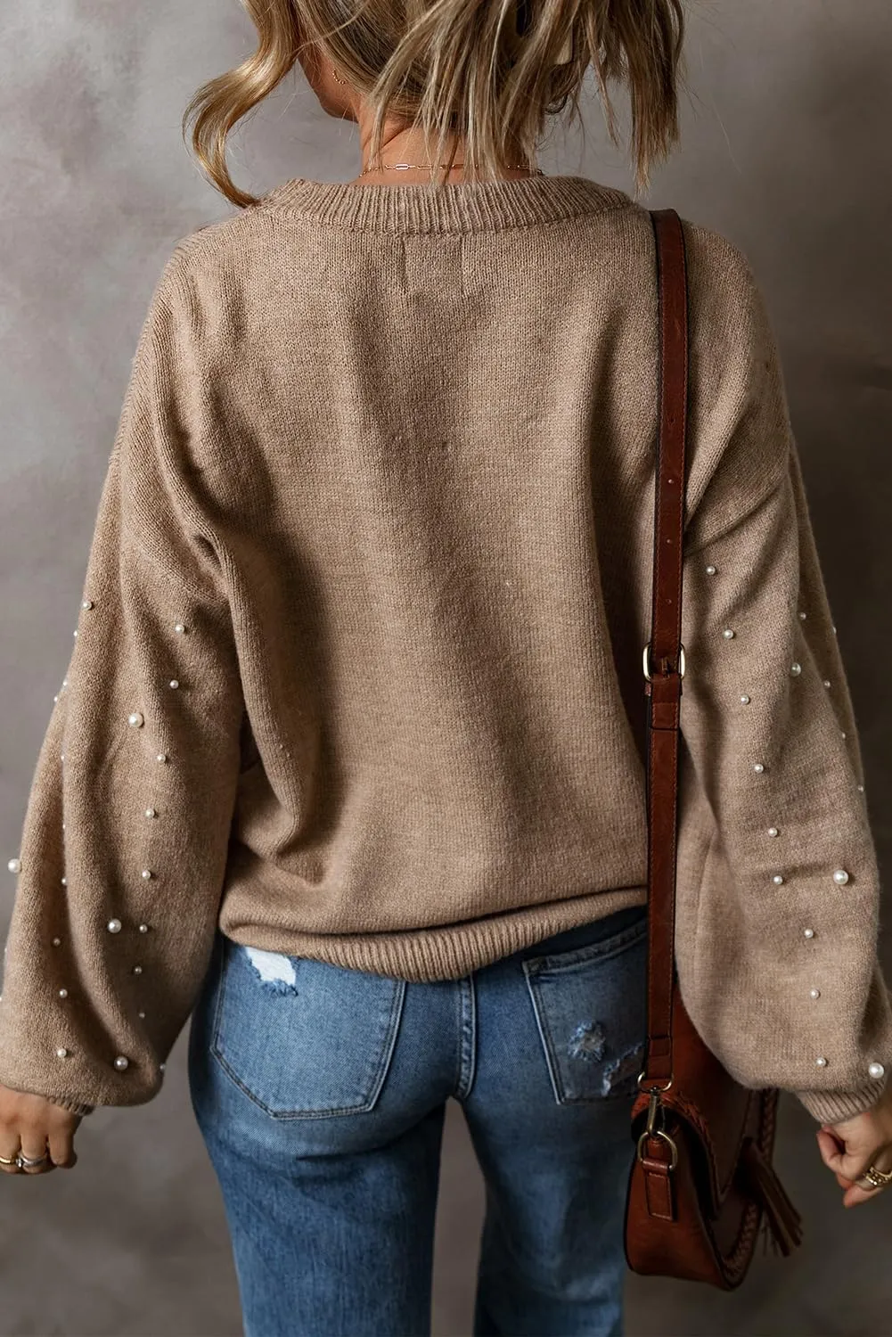 Melliflo Women's Chunky Sweater Crewneck Drop Shoulder Lantern Sleeve Pullover Sweater Pearl Fall Knit Tops