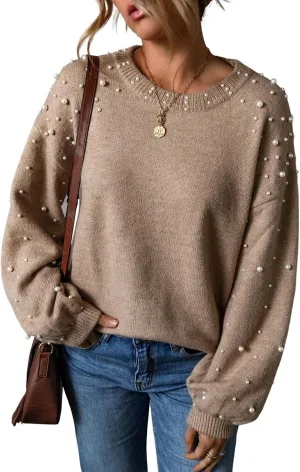 Melliflo Women's Chunky Sweater Crewneck Drop Shoulder Lantern Sleeve Pullover Sweater Pearl Fall Knit Tops