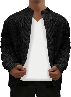 Men Stand Collar Cardigan Sweater Button Down Cable Chunky Knit Coat Fall Winter Vintage Casual Dressy Irish Outwear