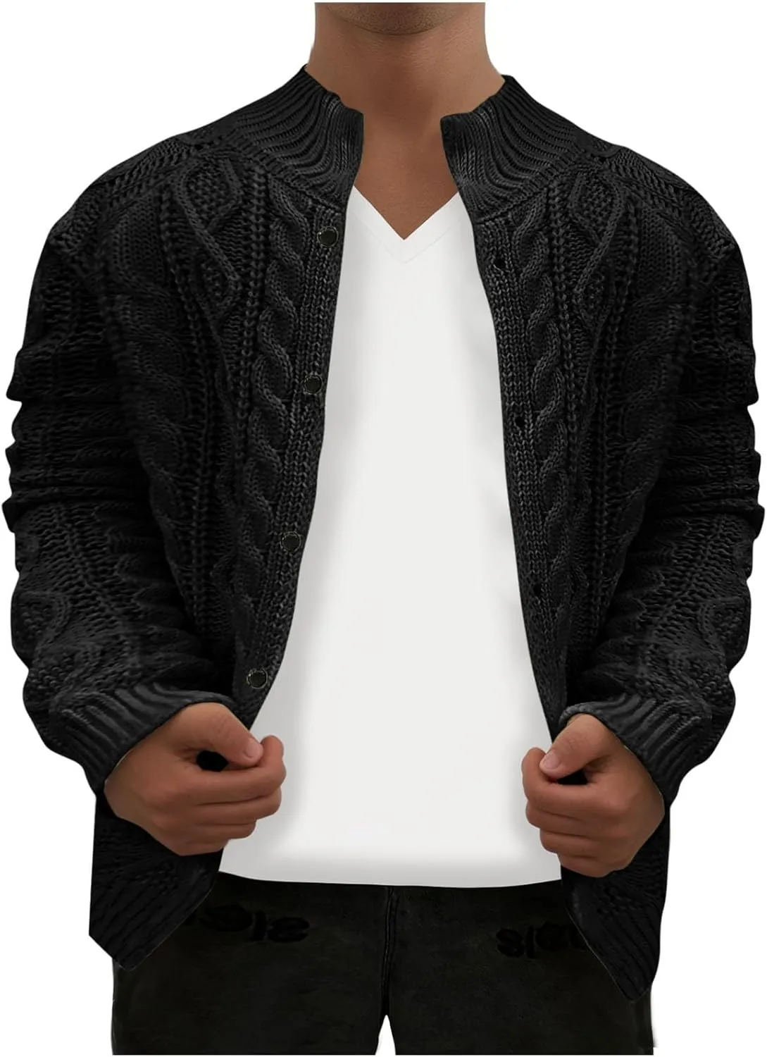 Men Stand Collar Cardigan Sweater Button Down Cable Chunky Knit Coat Fall Winter Vintage Casual Dressy Irish Outwear