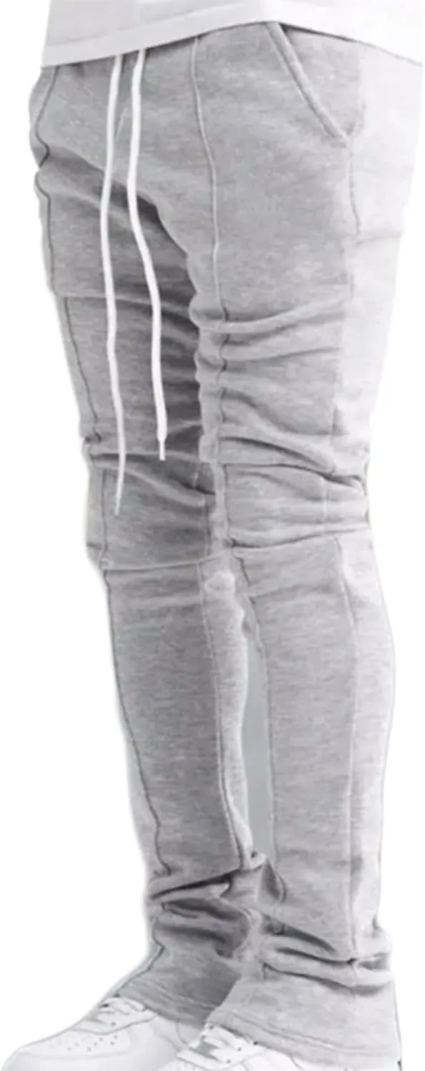 Men Y2K Stacked Sweatpants Casual Slim Fit Flared Drawstring Elastic Waist Jogger Pant Athletic Trousers with Pocket