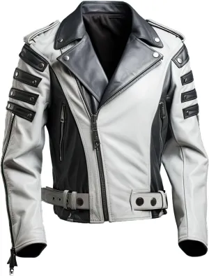 Mens Ash Grey White Genuine Sheepskin Biker Crossover Asymmetric Punk Moto Lapel Collar Belted Leather Jacket