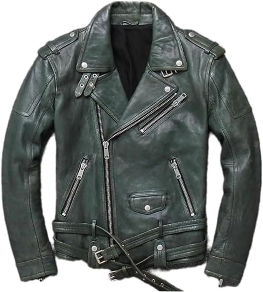 Men's Asymmetric Real Sheepskin Biker Leather Jacket Retro Belted Zip Up Motorcycle Jacket Moto Riding & Racing Coat