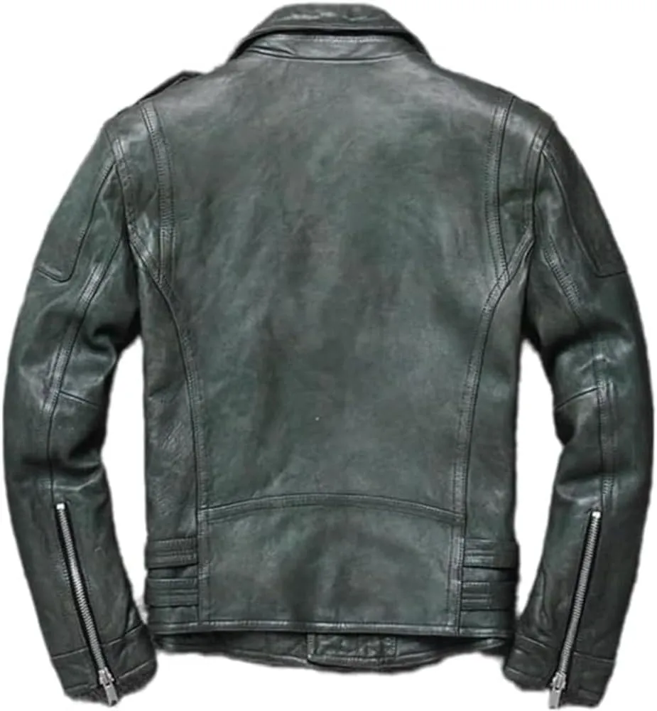 Men's Asymmetric Real Sheepskin Biker Leather Jacket Retro Belted Zip Up Motorcycle Jacket Moto Riding & Racing Coat