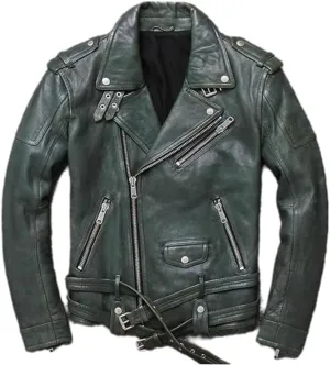Men's Asymmetric Real Sheepskin Biker Leather Jacket Retro Belted Zip Up Motorcycle Jacket Moto Riding & Racing Coat