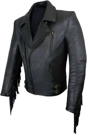 Men's Biker Rider Motorcycle Motorbike Club Genuine Cowhide Black Leather Fringed Jacket