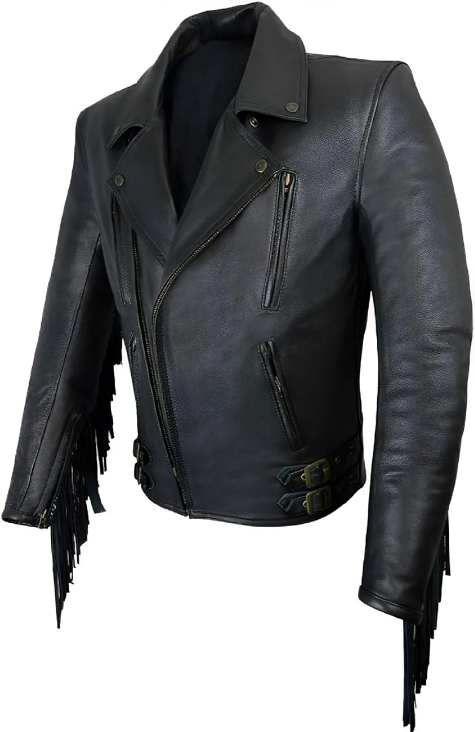 Men's Biker Rider Motorcycle Motorbike Club Genuine Cowhide Black Leather Fringed Jacket