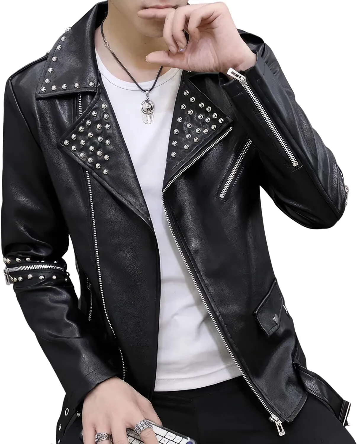Men's Black Asymmetric Biker Genuine Sheepskin Caf Racer Studded Casual Slim Fit Retro Moto Sporty Leather Jacket